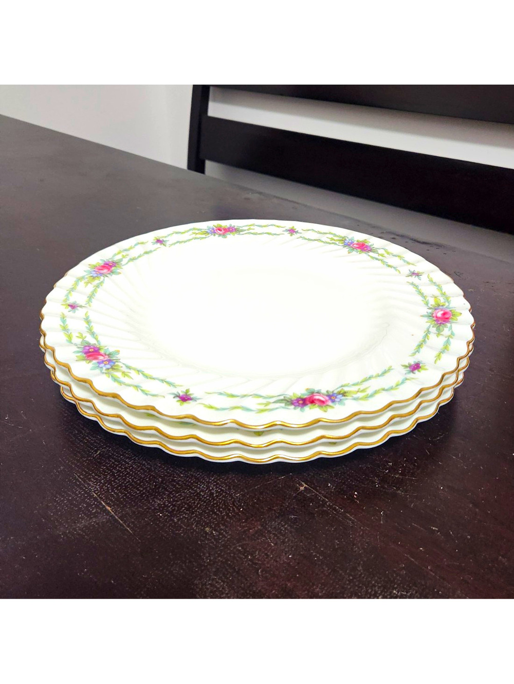 Set of 3 Minton Chiltern Porcelain Floral Dinner Plates 10 in Gold Trim